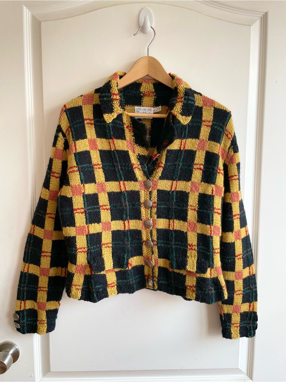 Vtg 1960s 70s Style Hand Knit Plaid Jacket Jane Wheeler Boxy Fit Collar Buttons